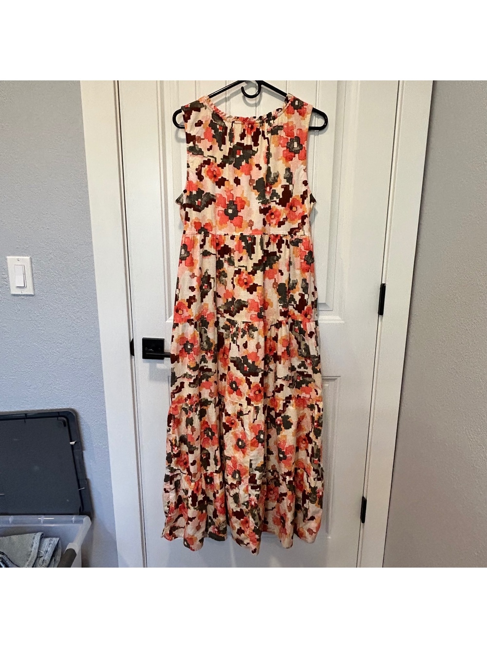 Aztec southwestern print maxi dress in corals, greens, rust on cream background